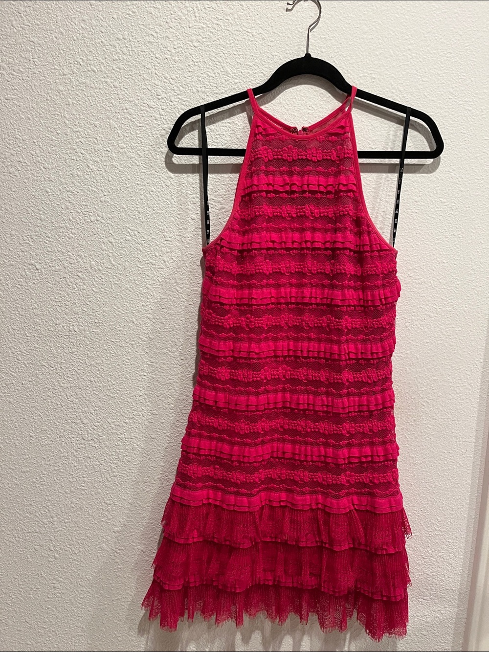 Sho Women's Hot Pink Tiered Lace Stretxh Halter Dress